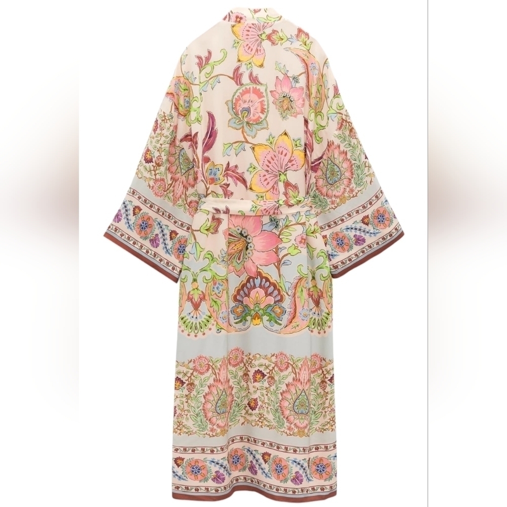 Zara Floral Pink Green Multicolor Printed Kimono Jacket With Belt Sz Small NWT - Picture 4 of 10